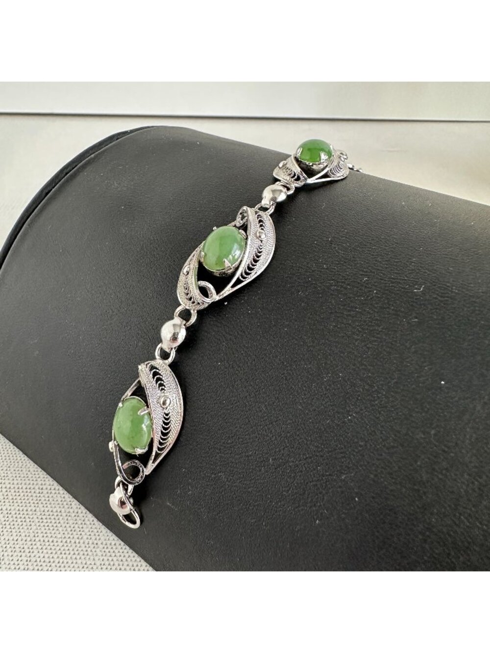 Sorrento Sterling Silver Jade Bracelet, Vintage Filigree Green Nephrite Cabochon